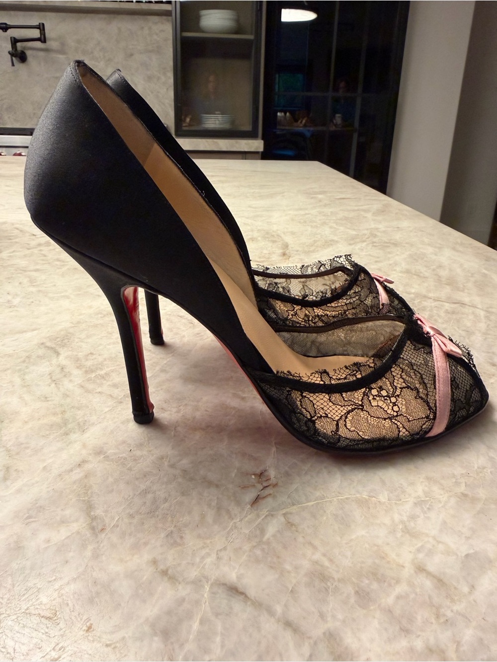 Gently worn Christian Louboutin Black Lace Pointed Toe Pumps with Pink Bow - Picture 4 of 10